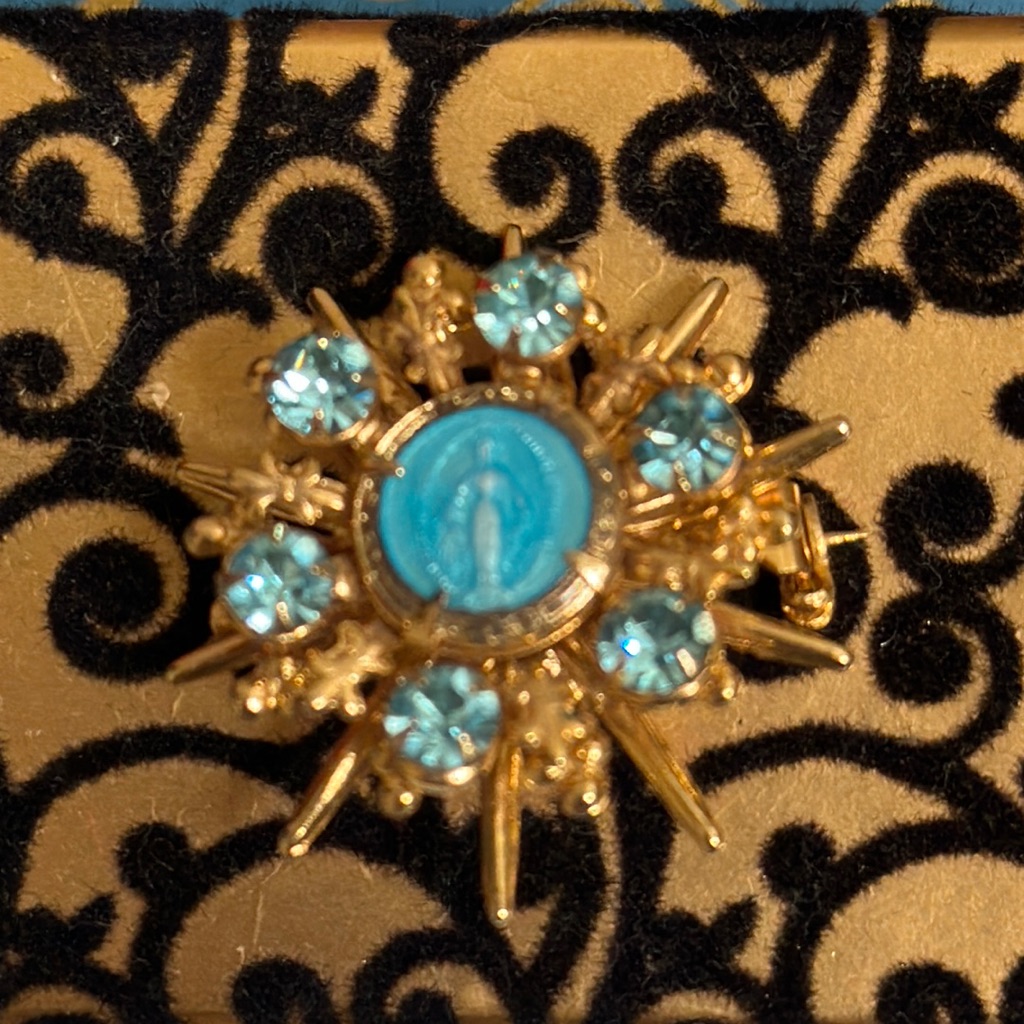 Vintage Mid-Century Enamel Blue Madonna Religious Juliana Brooch/Pin - 1 1/4”